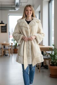 VTG BORGANA Faux Fur Leather Penny Lane Coat Sz 6 Beige Belted Winter Mob Wife